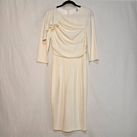 VFMAGE Ivory Pleated Asymmetrical Bow Sheath Cocktail Dress Size M LIKE NEW! - Picture 1 of 16